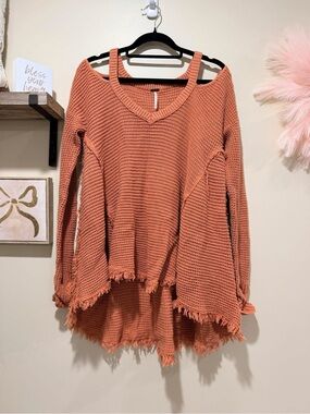 Free People Distressed Rust Orange V-Neck Waffle Knit Sweater